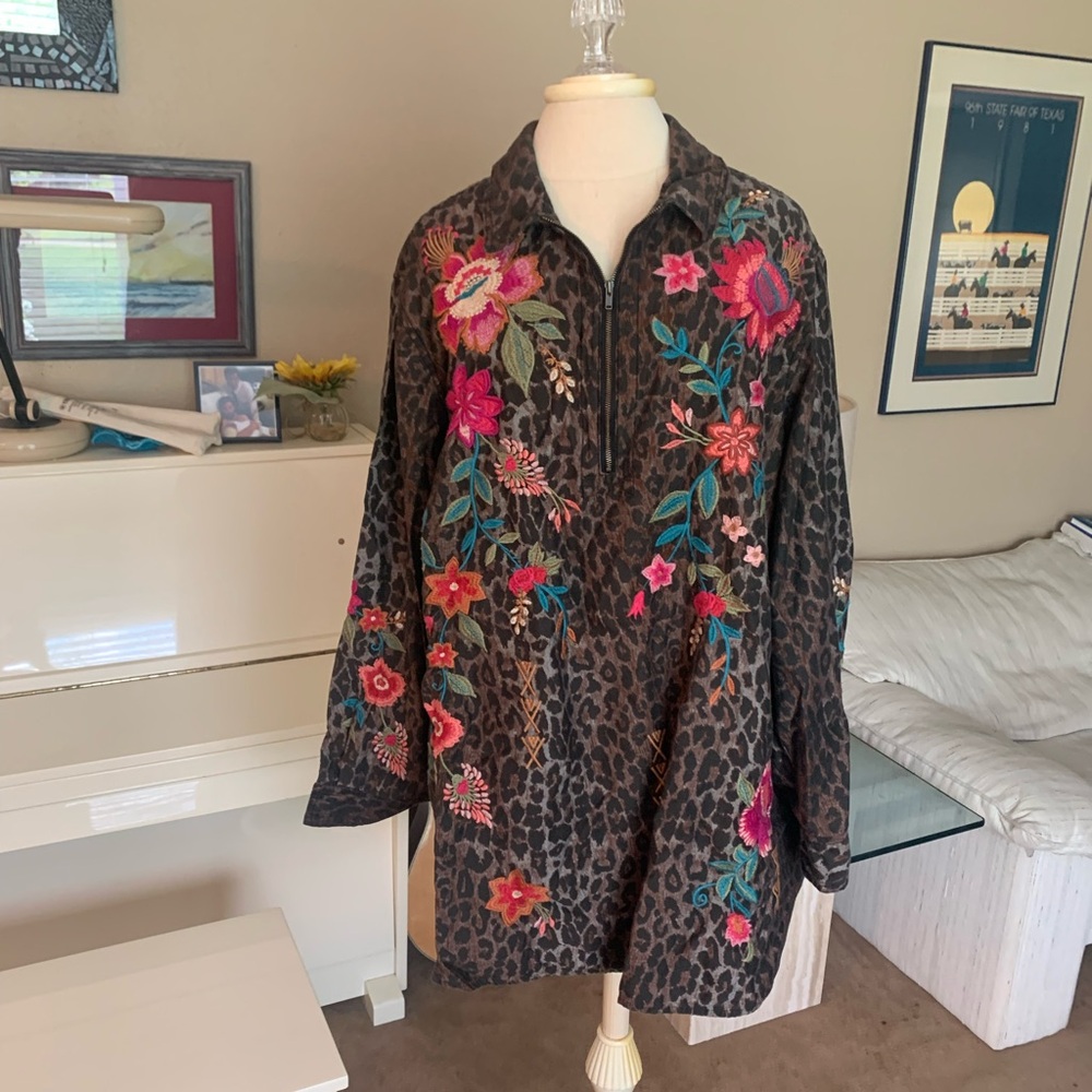 Johnny Was Embroidered Leopard Print Top